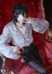  1boy arm_up bangs black_hair black_pants commentary cross cross_necklace cup drinking_glass english_commentary ensemble_stars! feet_out_of_frame frilled_shirt frills hair_between_eyes highres holding holding_cup inverted_cross jewelry looking_at_viewer male_focus medium_hair necklace open_clothes open_shirt pants puffy_sleeves red_eyes ring rrr_(reason) sakuma_rei_(ensemble_stars!) shirt smile solo throne twitter_username watermark wavy_hair weibo_username white_shirt wine_glass 
