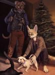  5_fingers anthro blue_eyes bottomwear canid canine canis christmas christmas_tree clothed clothing domestic_cat domestic_dog eyewear felid feline felis fennec feral fingers fox glasses green_eyes group holidays humor male mammal pants plant smile tree trunorth 