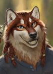  anthro black_nose blue_eyes canid canine canis clothed clothing ears_up fur hair happy looking_at_viewer male mammal open_eye orange_body orange_fur smile solo teeth trunorth wolf 