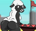  anthro big_butt bovid breasts butt caprine female flag fur genitals looking_at_viewer mammal open_mouth pussy sheep sheep_(ultimate_chicken_horse) smile solo thick_thighs ultimate_chicken_horse video_games 