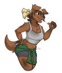  2020 anthro biped black_nose breasts brown_body brown_fur brown_hair canid canine canis clothed clothing domestic_dog female fur hair hi_res mammal milodesty simple_background solo standing tools white_background wrench 