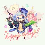  &gt;_&lt; 2girls blue_hair blue_headwear blue_skirt commentary_request happy_birthday inkling long_hair looking_at_viewer multiple_girls namie-kun pink_hair pleated_skirt signature skirt splatoon_(series) standing star_(symbol) tagme water_balloon 