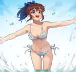 1girl :d bikini blue_eyes blue_ribbon blue_sky blush breasts brown_hair cleavage cloud cloudy_sky commentary day eyebrows_visible_through_hair frilled_bikini frills hair_ribbon idolmaster idolmaster_million_live! kamille_(vcx68) leaning_forward looking_at_viewer medium_hair navel open_mouth outdoors outstretched_arms ponytail print_bikini ribbon satake_minako side-tie_bikini sky smile solo splashing spread_arms standing string_bikini swimsuit wading water white_bikini 