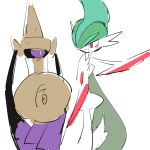  1boy aegislash apios1 aqua_hair arm_up bangs black_sclera blush_stickers colored_skin commentary_request eye_contact gallade gen_4_pokemon gen_6_pokemon green_hair hair_over_one_eye half-closed_eyes hand_up happy looking_at_another male_focus mega_gallade mega_pokemon mohawk multicolored_hair one-eyed open_mouth outstretched_arm pokemon pokemon_(creature) purple_eyes shield simple_background sketch smile standing sweat sword two-tone_hair weapon white_background white_skin 