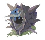  apios1 black_eyes closed_eyes cloyster commentary_request gen_1_pokemon gen_7_pokemon grass lying moss no_humans no_mouth on_stomach outdoors pokemon pokemon_(creature) popplio shell simple_background sleeping spikes white_background zzz 