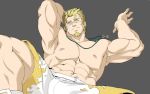  1boy abs armpits bandaid bandaid_on_face bara bare_pecs blonde_hair blush bulge facial_hair goatee hair_strand jacob_(tokyo_houkago_summoners) kito_(clamp5656) leg_up looking_at_viewer lying male_focus muscular muscular_male navel nipples on_back pectorals reward_available short_hair shorts sideburns solo spread_legs thick_thighs thighs tokyo_houkago_summoners white_eyes white_shorts wrestling_outfit 