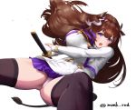  1girl animal_ears artist_name artist_request azur_lane breasts brown_hair brown_legwear capelet cow_ears cow_girl cow_horns cow_tail double-breasted highres holding holding_sword holding_weapon horns jacket kashino_(azur_lane) large_breasts long_hair looking_at_viewer microskirt open_mouth panties pantyshot pink_panties purple_eyes purple_skirt sheath sheathed simple_background skirt solo sword tail thighhighs thighs underwear weapon white_background white_capelet white_jacket 