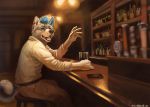  5_fingers akita anthro blue_eyes blue_hair brown_body brown_fur canid canine canis clothed clothing domestic_dog fingers fur glass hair happy male mammal sitting smile solo spitz trunorth 