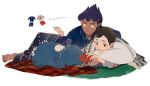  2boys bangs barefoot blanket blush brown_eyes brown_hair closed_mouth collarbone dark_skin dark_skinned_male gen_4_pokemon holding hop_(pokemon) kmtk lying male_focus multiple_boys munchlax open_mouth pillow pokemon pokemon_(creature) pokemon_(game) pokemon_swsh purple_hair rotom rotom_phone short_hair soles teeth toes tongue translation_request victor_(pokemon) yellow_eyes 