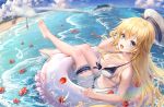  1girl barefoot beach blonde_hair blue_eyes breasts character_request cleavage cloud cloudy_sky commentary_request full_body haneru hat horns innertube large_breasts long_hair looking_at_viewer masterwork_apocalypse narwhal open_mouth palm_tree rainbow sailor_bikini sailor_collar sailor_hat single_horn sky solo swimsuit tree two-tone_bikini wading water 