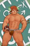  1boy abs american_football_(object) bangs bara brown_hair bulge dark_skin dark_skinned_male facial_hair forked_eyebrows glowing_horns goatee gramfurs hand_on_hip horns looking_at_viewer male_focus muscular muscular_male navel no_nipples pectorals short_hair solo thick_eyebrows thick_thighs thighs tokyo_houkago_summoners wakan_tanka 