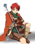  1boy bandages boots buckle cape eyebrows_visible_through_hair fingerless_gloves fire_emblem fire_emblem:_path_of_radiance fire_emblem:_radiant_dawn gloves highres holding holding_weapon hood knife looking_to_the_side male_focus red_eyes red_hair shorts staff tormod_(fire_emblem) weapon yusya6_fe 