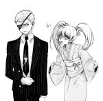  1boy 1girl bow closed_mouth collared_shirt commentary_request danganronpa_(series) danganronpa_2:_goodbye_despair eyepatch formal freckles greyscale hair_bow japanese_clothes kimono kuzuryuu_fuyuhiko long_hair long_sleeves looking_at_another mole mole_under_mouth monochrome necktie obi open_mouth pants pekupe_(p_krr) saionji_hiyoko sash shaded_face shirt short_hair striped striped_jacket striped_pants suit translation_request twintails very_short_hair wide_sleeves 