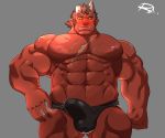  1boy abs bara black_male_underwear blush briefs brown_hair bulge colored_skin cowboy_shot erection erection_under_clothes facial_hair fang forked_eyebrows highres horns looking_down male_focus muscular muscular_male navel nipples oni oni_horns pectorals reclamon red_oni_(tokyo_houkago_summoners) red_skin scar scar_on_chest short_hair sideburns solo stubble thick_eyebrows thick_thighs thighs tokyo_houkago_summoners underwear underwear_only yellow_sclera 