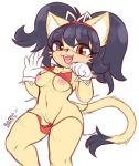  anthro bikini black_hair blasticussaturn clothing clothing_pull domestic_cat felid feline felis female gloves hair handwear hi_res honey_the_cat looking_at_viewer mammal nipples open_mouth pigtails signature solo sonic_the_fighters sonic_the_hedgehog_(series) swimwear 