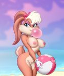  absurd_res accessory anthro ball beach beach_ball big_breasts biped blonde_hair blue_eyes breasts bubble bubble_gum cleavage clothed clothing cloud drew_gardner female floppy_ears genitals hair hair_accessory hair_bow hair_ribbon hi_res holding_ball holding_object latable lola_bunny looney_tunes nipples nude outside pink_nose pool_toy pussy ribbons sand seaside short_hair sky solo space_jam standing warner_brothers water 
