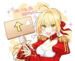  1girl ahoge arrow_(symbol) bangs blonde_hair blush bon_(bony_53) braid breasts cleavage commentary_request dress epaulettes fate/extra fate_(series) green_eyes hair_intakes hair_ribbon holding holding_sign juliet_sleeves korean_commentary large_breasts long_sleeves looking_at_viewer medium_breasts nero_claudius_(fate) nero_claudius_(fate)_(all) open_mouth puffy_sleeves red_dress red_ribbon ribbon short_hair sign smile solo translation_request upper_teeth 