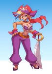  2020 activision anthro bigdad breasts cleavage clothed clothing cosplay crash_bandicoot_(series) crossover crossover_cosplay ear_piercing ear_ring eyeshadow female footwear green_eyes hair high_heels makeup mammal marsupial melee_weapon navel open_mouth open_smile piercing pirate_hat pirate_tawna risky_boots shantae_(series) shoes simple_background smile solo sword tawna_bandicoot video_games wayforward weapon 