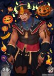  1boy alternate_costume bangs bara brown_hair bulge chinese_clothes covered_abs dark_skin dark_skinned_male facial_hair feather_necklace feet_out_of_frame forked_eyebrows ghost glowing_horns goatee gramfurs halloween halloween_costume horns jack-o&#039;-lantern jiangshi male_focus muscular muscular_male ofuda pectorals short_hair sleeveless solo thick_eyebrows thick_thighs thighs tokyo_houkago_summoners undead vambraces wakan_tanka 
