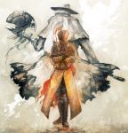  2boys axe bandages belt bloodborne boots cloak coat covered_face crossed_arms father_gascoigne from_behind full_body gloves hat hat_feather henryk holding holding_weapon long_coat mask mouth_mask multiple_boys scarf short_hair simple_background standing tattered_cape tricorne weapon white_hair yoshioka_(haco) 