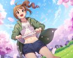  1girl :d ahoge bangs blue_shorts blue_sky blurry blurry_background brown_hair cherry_blossoms clothes_writing cloud cloudy_sky commentary day denim denim_shorts depth_of_field drill_hair dutch_angle eyebrows_visible_through_hair grass green_jacket hair_ornament hair_scrunchie idolmaster idolmaster_million_live! jacket jewelry kamille_(vcx68) lifebuoy_ornament long_sleeves looking_at_viewer navel necklace open_clothes open_jacket open_mouth outdoors purple_eyes red_scrunchie scrunchie shirt shirt_basket short_hair short_shorts shorts side_drill side_ponytail sky smile solo standing star_(symbol) star_necklace tree white_shirt wind yokoyama_nao 