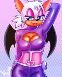  2018 aaronhibiki anthro big_breasts blue_eyes breasts clothed clothing digital_media_(artwork) female hair hi_res makeup mammal membrane_(anatomy) membranous_wings ponytail rouge_the_bat simple_background smile solo sonic_the_hedgehog_(series) tight_clothing video_games white_hair wings 