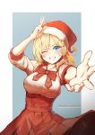  1girl absurdres arm_up blonde_hair blue_eyes bow breasts clenched_teeth commentary english_commentary foreshortening hat highres hololive hololive_english large_breasts long_hair looking_at_viewer monocle one_eye_closed outstretched_arm pom_pom_(clothes) red_bow red_skirt santa_hat shirt skirt solo standing suiiryu teeth upper_body v virtual_youtuber watson_amelia white_shirt 