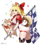  1girl :d absurdres ahoge animal_ears ass bangs blonde_hair bon_(bony_53) bow breasts cleavage collarbone commentary_request cropped_jacket cropped_legs dated dog dog_ears dog_tail fate/extra fate_(series) flag gloves green_eyes hair_bow hair_intakes highres holding holding_flag korean_commentary leotard long_hair looking_at_viewer nero_claudius_(fate) nero_claudius_(fate)_(all) open_mouth puffy_short_sleeves puffy_sleeves race_queen red_bow short_sleeves smile solo tail thighhighs twitter_username upper_teeth white_background white_gloves white_leotard 