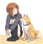  1girl :d ^_^ animal animal_collar black_legwear brown_hair closed_eyes collar dog fingers_together girls_und_panzer kneehighs kuromorimine_school_uniform mutsu_(layergreen) nishizumi_miho open_mouth school_uniform shiba_inu short_hair sitting smile squatting tongue tongue_out white_background 