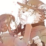 1904tk3 1:1 anthro barrel_(live-a-hero) blush canid canine canis clothing cowboy_hat duo face_squish female female_operator hair hat headgear headwear human live-a-hero male mammal ponytail protagonist_(live-a-hero) squish superhero wolf 