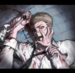  1boy 1other black_neckwear blonde_hair blood blood_on_face bloody_clothes collared_shirt cuts danganronpa_(series) danganronpa_2:_goodbye_despair freckles hand_on_another&#039;s_face holding holding_knife holding_weapon injury knife kuzuryuu_fuyuhiko letterboxed long_sleeves looking_at_viewer loose_necktie lying male_focus necktie on_back on_floor open_mouth pekupe_(p_krr) shirt short_hair solo_focus tile_floor tiles very_short_hair weapon white_shirt wrist_grab 