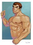  1boy abs bara biceps brown_eyes brown_hair completely_nude cropped_torso facial_hair flexing forked_eyebrows highres kengo_(tokyo_houkago_summoners) male_focus muscular muscular_male navel nhawnuad nipples nude pectorals pose short_hair simple_background smile solo stubble thumbs_up tokyo_houkago_summoners 