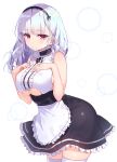  1girl absurdres apron azur_lane bare_arms bare_shoulders black_skirt breasts closed_mouth clothing_cutout cowboy_shot dido_(azur_lane) frilled_shirt frilled_skirt frills hairband hands_on_own_chest high-waist_skirt highres large_breasts long_hair looking_at_viewer maid maid_apron miniskirt red_eyes shiono_(0303) shirt sideboob sidelocks skindentation skirt sleeveless sleeveless_shirt solo thighhighs underboob underboob_cutout waist_apron white_background white_hair white_legwear white_shirt zettai_ryouiki 