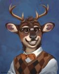  4:5 anthro antlers brown_eyes cervid clothed clothing ears_up eyewear glasses hair horn male mammal smile solo teeth trunorth 