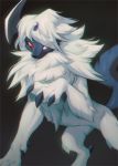  absol ambiguous_gender black_background blue_body blue_claws blue_face blue_fur blue_tail canid canine cel_shading claws colored_claws digitigrade feral finger_claws fluffy fur hi_res hioshiru looking_at_viewer low-angle_view mammal neck_tuft nintendo pok&eacute;mon pok&eacute;mon_(species) quadruped raised_arm red_eyes shaded simple_background solo tuft video_games white_body white_fur 