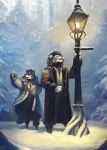  5_fingers anthro blue_eyes canid canine canis clothed clothing coat dark_eyes duo felid fingers forest fur fur_coat group hair male mammal open_mouth outside pantherine plant snow snowing standing street_lamp tiger topwear tree trunorth wolf 