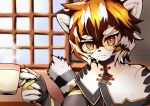  2020 5_fingers amber_eyes anthro arknights black_body black_fur black_nose brown_hair claws clothed clothing cup cute_fangs eyebrows felid female fingers fur hair hi_res holding_object inside kemono looking_at_viewer mako_030201 mammal multicolored_body multicolored_fur multicolored_hair multicolored_tail orange_body orange_fur orange_hair pantherine short_hair solo steam tiger waaifu white_body white_fur white_hair window 