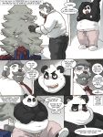  2018 3:4 anthro beard belly bottomwear christmas christmas_tree clothed clothing comic dialogue duo english_text facial_hair fully_clothed giant_panda gift hi_res holidays male mammal markwulfgar mustache navel nipples open_mouth ornament overweight overweight_male pants plant rude shirt sitting slippers smile speech_bubble sweatpants text topless topwear tree ursid yawn 