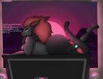  anthro big_butt breasts butt english_text female green_eyes grey_body hair long_hair lying nintendo on_front photolol.03 pok&eacute;mon pok&eacute;mon_(species) shaded simple_background small_breasts solo television text thick_thighs video_games zoroark 