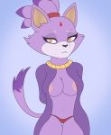  2020 accessory anthro areola areola_slip blaze_the_cat breasts brown_eyes cleavage clothed clothing domestic_cat felid feline felis female fur hailegabriel half-closed_eyes hi_res jewelry mammal narrowed_eyes nipple_outline open_clothing open_shirt open_topwear panties pupils purple_body purple_fur shirt slit_pupils solo sonic_the_hedgehog_(series) topwear underwear wide_hips yellow_eyes 
