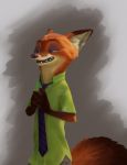  2020 anthro bottomwear canid canine clothed clothing dipstick_ears disney famished_(artist) fox fully_clothed fur half-length_portrait inner_ear_fluff light lighting male mammal multicolored_ears necktie nick_wilde open_mouth open_smile orange_body orange_fur pants portrait red_fox shirt simple_background smile solo teeth tongue topwear tuft zootopia 