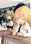  3girls anchovy_(girls_und_panzer) anzio_school_uniform bangs barashiya beret birthday birthday_cake black_cape black_eyes black_hair black_headwear black_neckwear black_skirt blonde_hair blurry blurry_background braid cake cape carpaccio_(girls_und_panzer) chair chalkboard classroom closed_eyes closed_mouth commentary depth_of_field desk dress_shirt drill_hair emblem english_text eyebrows_visible_through_hair food girls_und_panzer green_hair happy_birthday hat head_rest highres holding holding_food indoors long_hair long_sleeves looking_at_another miniskirt multiple_girls necktie open_mouth pantyhose party_popper pepperoni_(girls_und_panzer) red_eyes school_chair school_desk school_uniform shirt short_hair side_braid sitting skirt smile standing twin_drills twintails white_legwear white_shirt wing_collar 