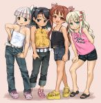  4girls alternate_costume bangs belt black_footwear black_hair blonde_hair blue_eyes blunt_bangs brown_eyes brown_hair clothes_writing denim denim_shorts eyebrows_visible_through_hair fang grecale_(kantai_collection) green_eyes hair_ribbon halterneck hand_on_hip harukaze_unipo highres jeans kantai_collection libeccio_(kantai_collection) long_hair maestrale_(kantai_collection) mole mole_under_eye multiple_girls open_mouth pants pink_background pink_footwear ribbon sandals scirocco_(kantai_collection) shirt shoes short_twintails shorts simple_background sleeveless sleeveless_shirt smile sneakers standing tan tank_top twintails white_hair yellow_footwear 