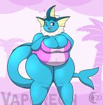  2020 anthro anthrofied beach big_breasts blue_body blue_eyes blue_skin bodily_fluids breasts chocend clothed clothing eeveelution female hi_res nintendo obese obese_anthro obese_female one-piece_swimsuit overweight overweight_anthro overweight_female pok&eacute;mon pok&eacute;mon_(species) portrait seaside smile solo standing sweat sweatdrop swimwear thick_thighs vaporeon video_games 