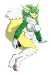  2020 alpha_channel anthro black_nose blue_eyes breasts canid canine clothing controller digimon digimon_(species) dipstick_tail ear_piercing ear_ring elise_(gamegod210) female fur game_controller gamegod210 green_hair hair hi_res leg_markings mammal markings multicolored_tail navel neck_tuft nipples panties pawpads piercing renamon simple_background socks_(marking) solo transparent_background tuft underwear yawg yellow_body yellow_fur 