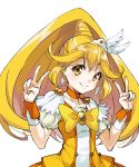  1girl ayanon blonde_hair blush bow choker closed_mouth cure_peace double_v earrings hair_flaps hair_ornament highres jewelry kise_yayoi long_hair magical_girl orange_choker precure simple_background smile smile_precure! solo upper_body v white_background wrist_cuffs yellow_bow yellow_eyes 