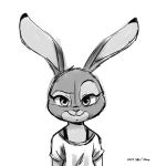  2018 anthro clothed clothing disney front_view greyscale half-length_portrait hi_res joaoppereiraus judy_hopps lagomorph leporid looking_at_viewer mammal monochrome portrait rabbit shirt simple_background smile solo t-shirt topwear white_background zootopia 