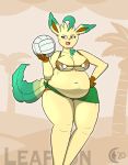  2020 anthro anthrofied beach bikini breasts chocend clothed clothing eeveelution female fur green_body hand_on_hip hi_res holding_object leafeon multicolored_body nintendo overweight overweight_anthro overweight_female pok&eacute;mon pok&eacute;mon_(species) portrait sash seaside smile solo sport standing swimwear thick_thighs two_tone_body video_games volleyball yellow_body yellow_eyes yellow_fur 