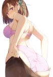  1girl ass back bangs blush bra braid breasts brown_hair brown_legwear eyebrows_visible_through_hair from_behind hair_ribbon head_tilt kamizaki_hibana looking_at_viewer looking_back medium_breasts original panties pantyhose pantyhose_pull pink_bra pink_panties purple_eyes ribbon short_hair shoulder_blades simple_background solo standing thighband_pantyhose underwear underwear_only 