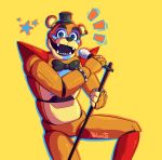  2020 absurd_res alibeatsss animatronic anthro black_eyebrows black_nose blue_body blue_eyes blue_outline bodypaint bow_tie bracelet clothing ear_piercing ear_ring eyebrows face_paint fangs featureless_crotch five_nights_at_freddy&#039;s five_nights_at_freddy&#039;s:_security_breach glamrock_freddy_(fnaf) hat headgear headwear hi_res jewelry looking_at_viewer machine male mammal microphone multicolored_body open_mouth orange_body outline piercing pose robot rockstar round_ears shadow sharp_teeth simple_background smile solo spiked_bracelet spikes standing star tan_body teeth top_hat ursid video_games yellow_background 